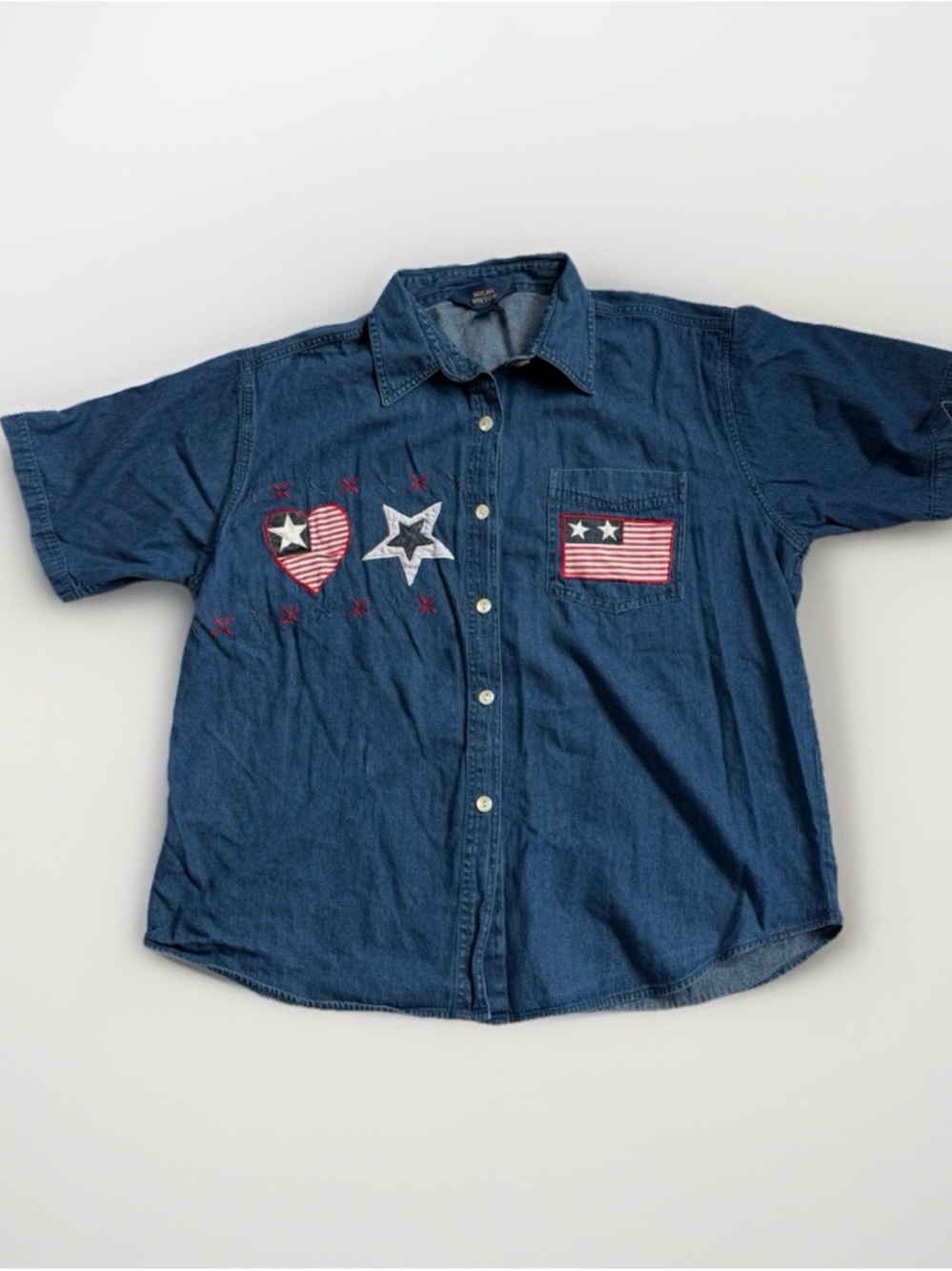 Vintage Patriotic Embroidered Denim Button Up Shirt July 4 Grandmacore Festival